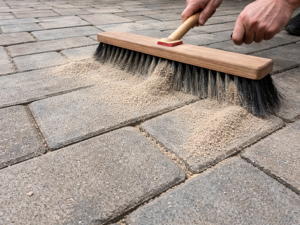 Hands using a broom to sweep polymeric sand into patio paver joints on a sunny day.