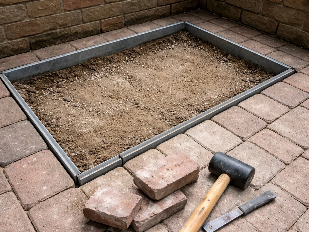 Builder removes bricks, revealing a rough base with visible edge restraints and a clean prep area.