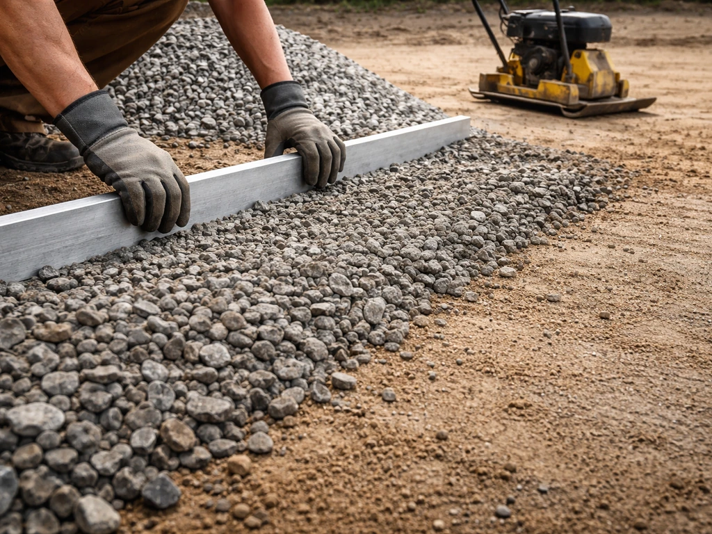 Fresh crushed gravel is leveled and compacted in shallow lifts beside a running plate compactor.