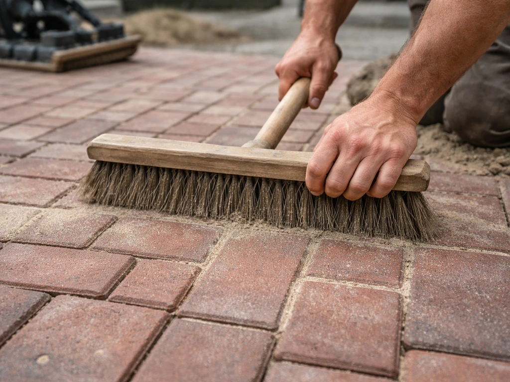 Broom brushing polymeric sand into the joints between freshly laid bricks, with a compactor nearby.