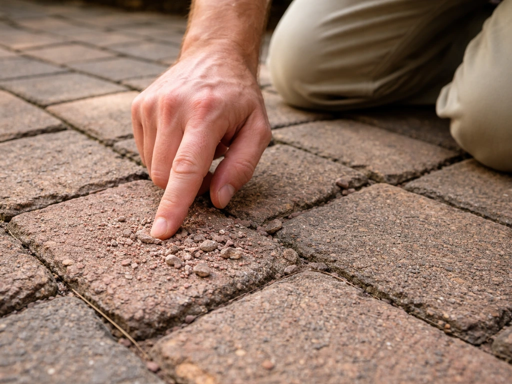 Homeowner inspecting a brick patio closely for spalling bricks and cracked mortar