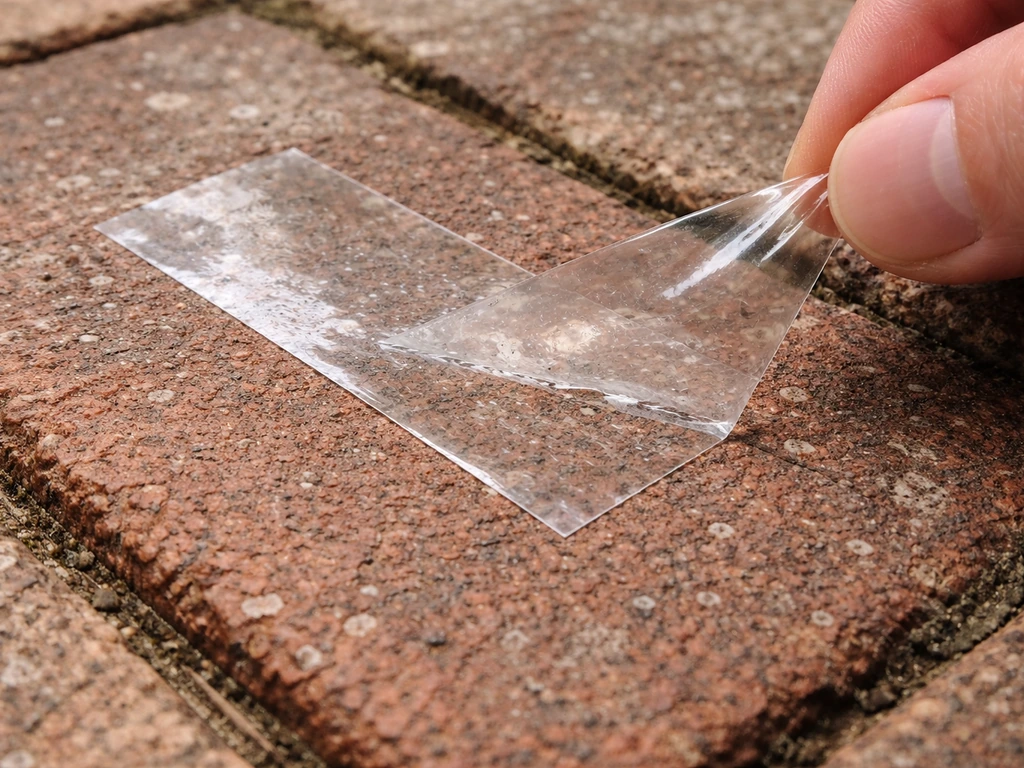Close-up of strong tape pressed onto weathered painted brick, then pulled back to show adhesion test