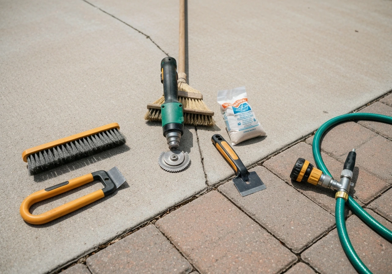 DIY regrouting tools and materials laid out: wire brush, grout removal blade, polymeric sand, jointing tool, hose nozzle