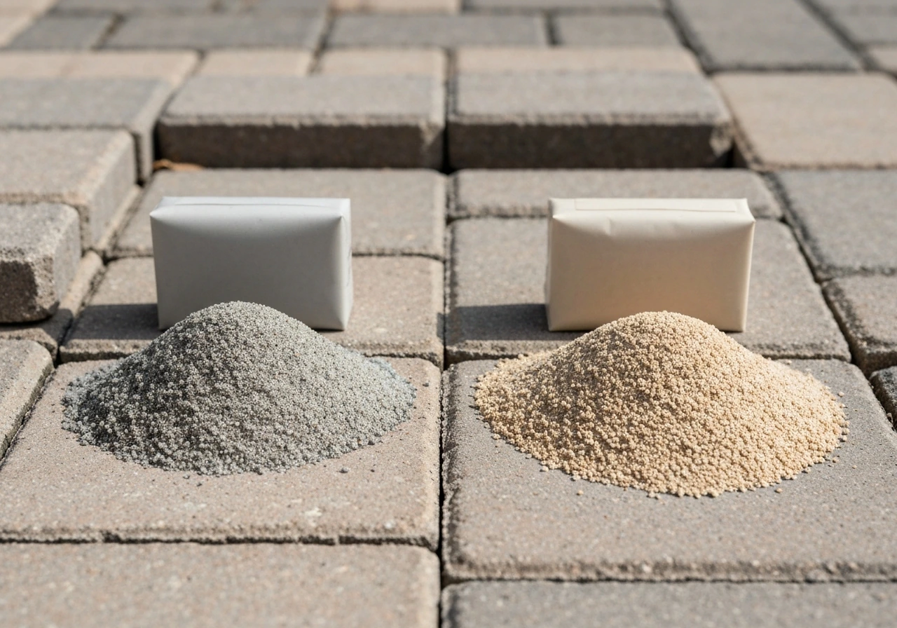 Close-up of two different patio joint materials—regular sand vs polymeric-like granules—beside paver joints.