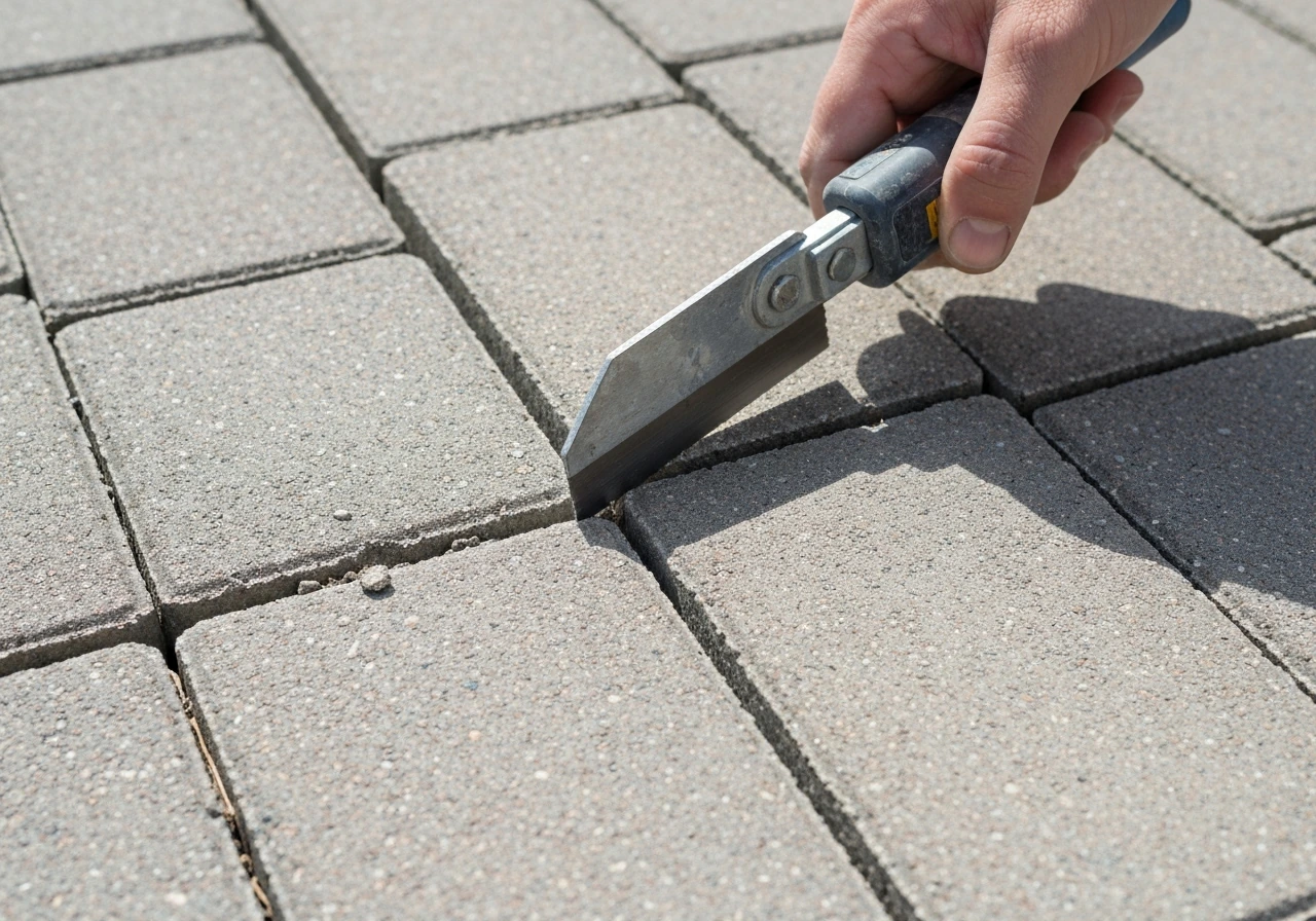 Close-up of a tool scraping out old grout from between outdoor pavers, showing cleaned joint depth.