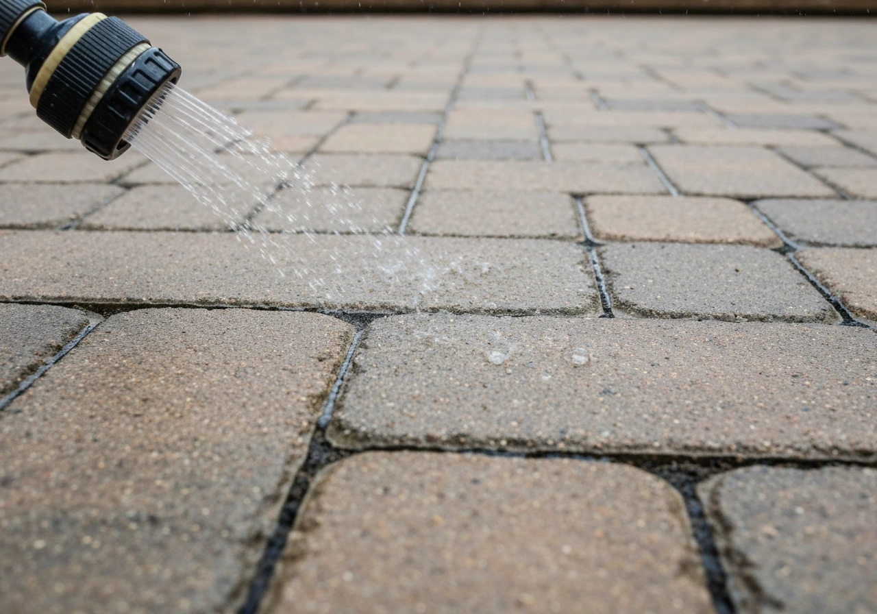 Close-up of a paver surface being gently misted with water, polymeric sand activating evenly.