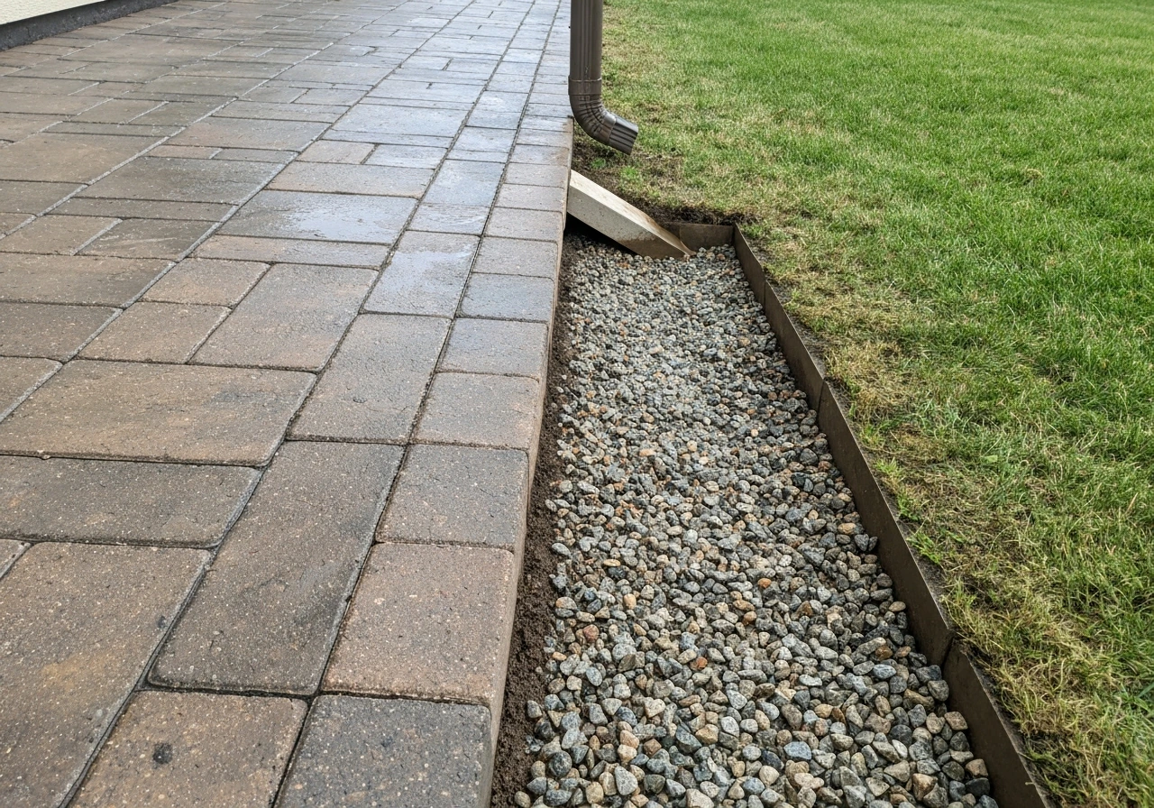 Patio paver edge with regrouted joints and a gravel drainage channel directing water away.