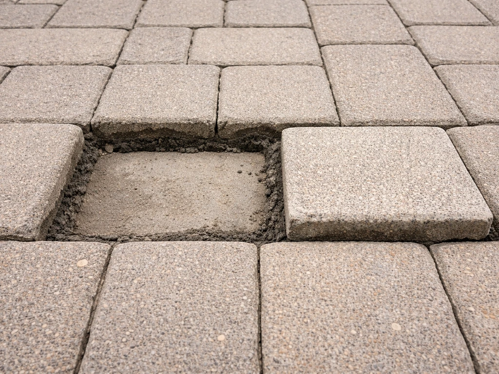 Broken paver removed beside a closely matched replacement stone ready to install