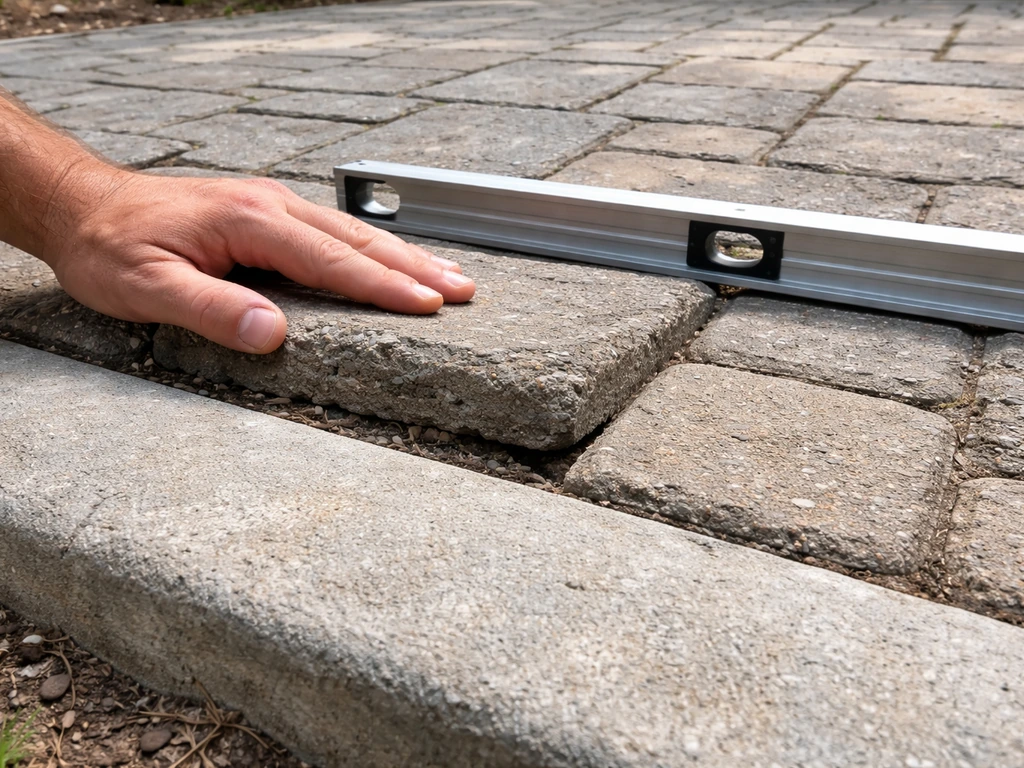Person checks an uneven patio with a straightedge level and hand on a slightly rocking paver