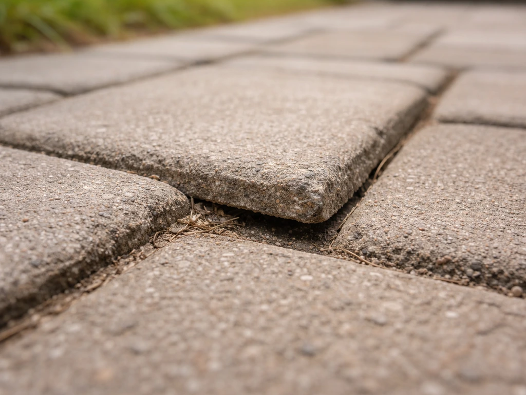 Close-up of a patio paver edge that rocks slightly, showing an uneven surface that could trip someone.