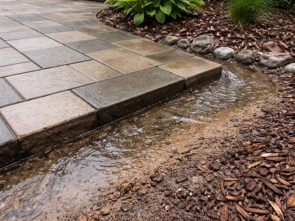 Garden hose runoff pooled along a patio edge, creating low spots where water collects