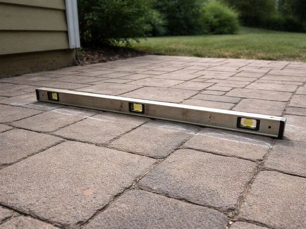 4-foot level and straightedge placed across a patio with small chalk marks showing high and low spots.