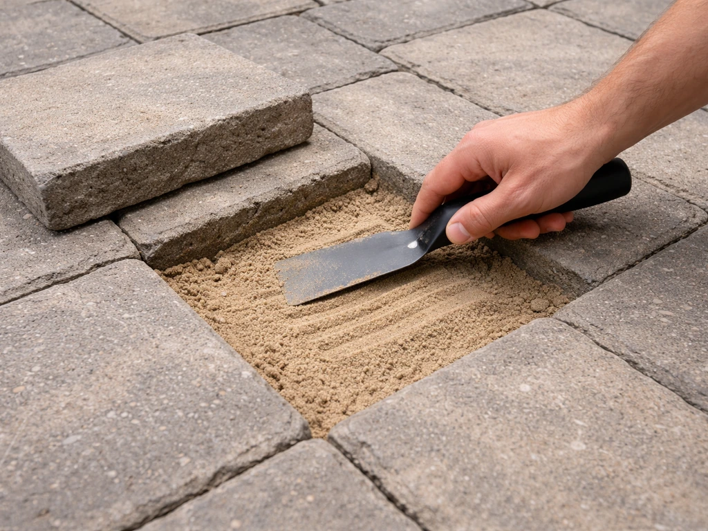 A single patio paver removed with loose bedding sand scraped and leveled for reinstall