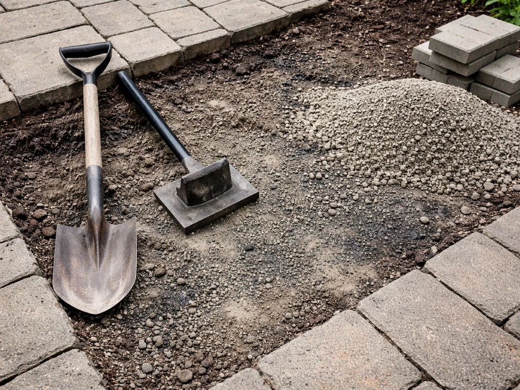 Removed pavers exposing uneven base, with shovel and tamping plate beside fresh compactable material.