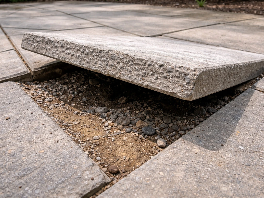 Lifted sunken patio slab showing an uneven, void-filled sub-base beneath.