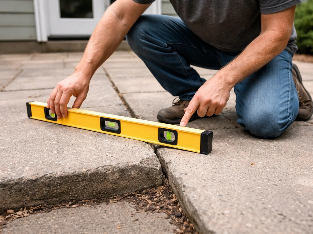 Homeowner uses a level across a patio slab with visible gaps and slight rocking at an uneven edge.