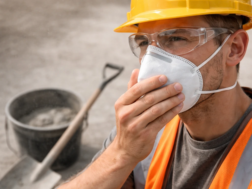 Construction worker wearing N95 respirator and safety glasses beside a dusty concrete work area.