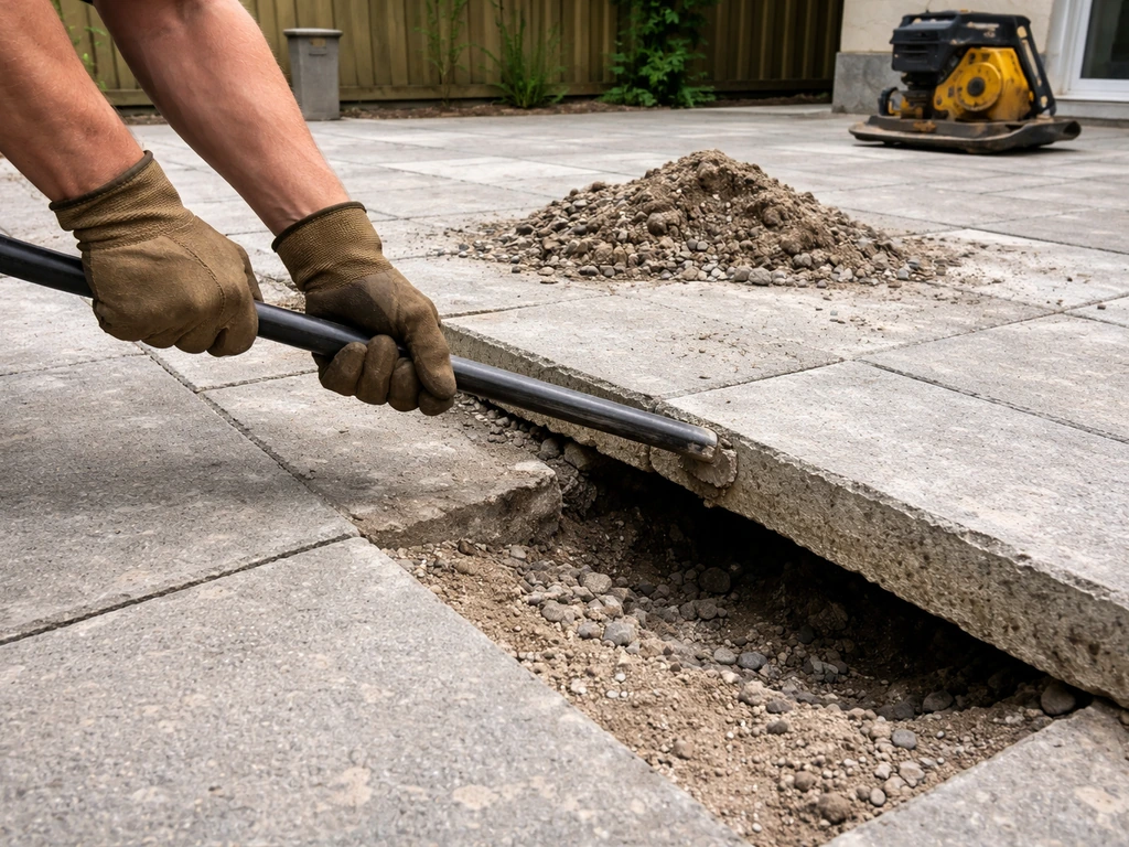 Worker pries a sunken patio slab edge and prepares to re-level it over fresh compacted base
