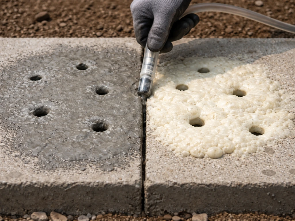 Concrete slab with injection holes showing cement grout on one side and expanding foam on the other.