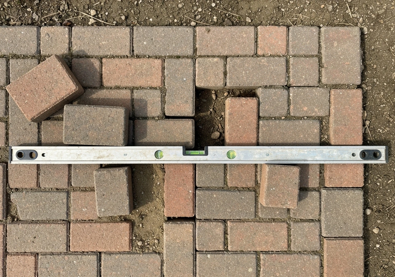 Top-down view of uneven brick patio with a straightedge/level showing a misalignment gap.