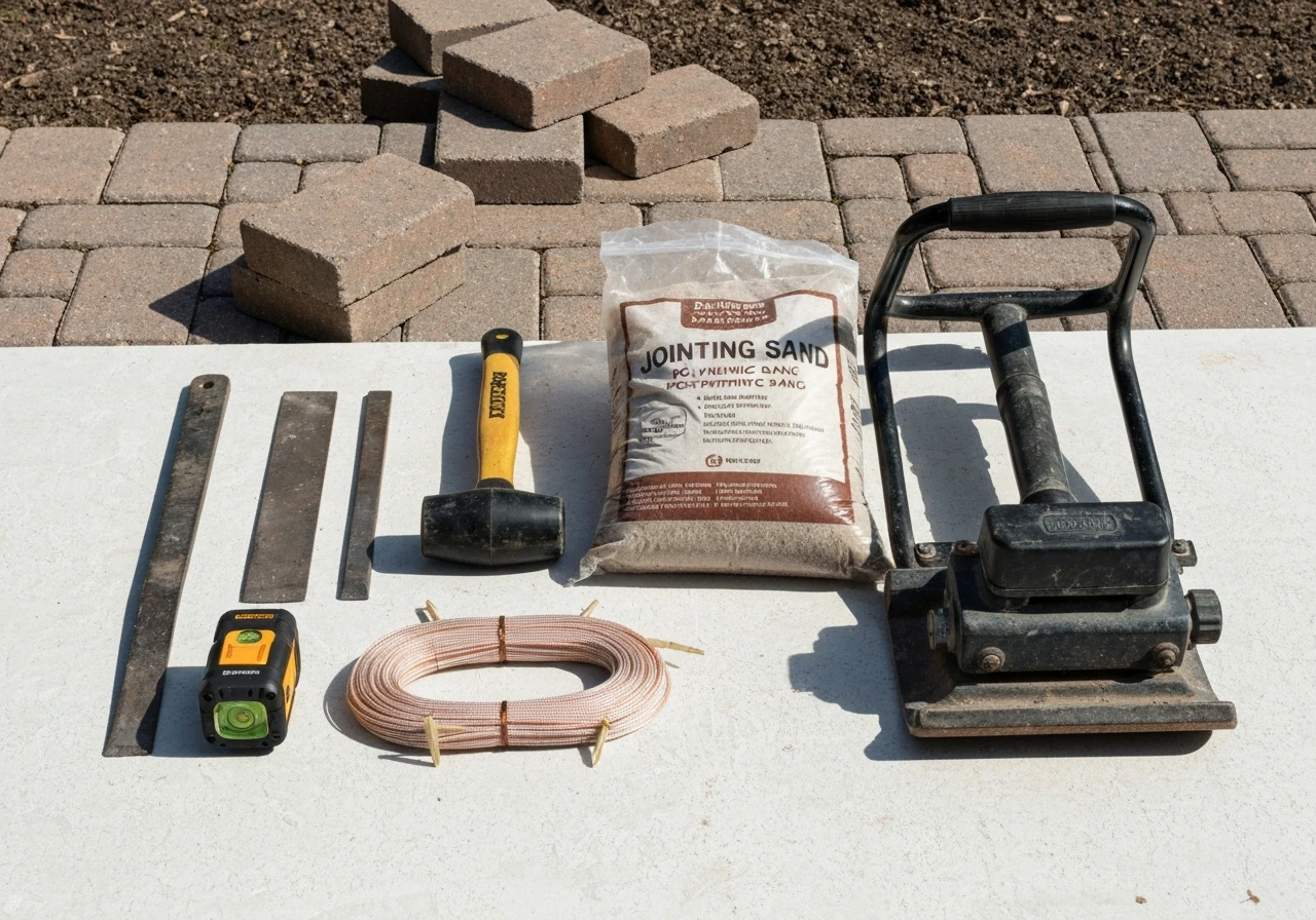 Brick patio leveling tools and materials neatly laid out outdoors: pry bar, mallet, level, gravel, and sand.
