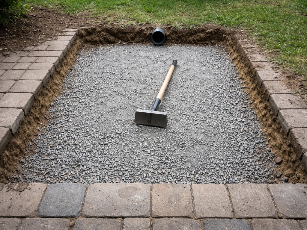 Removed patio bricks showing excavated soil, compacted base layer, and graded drainage slope.