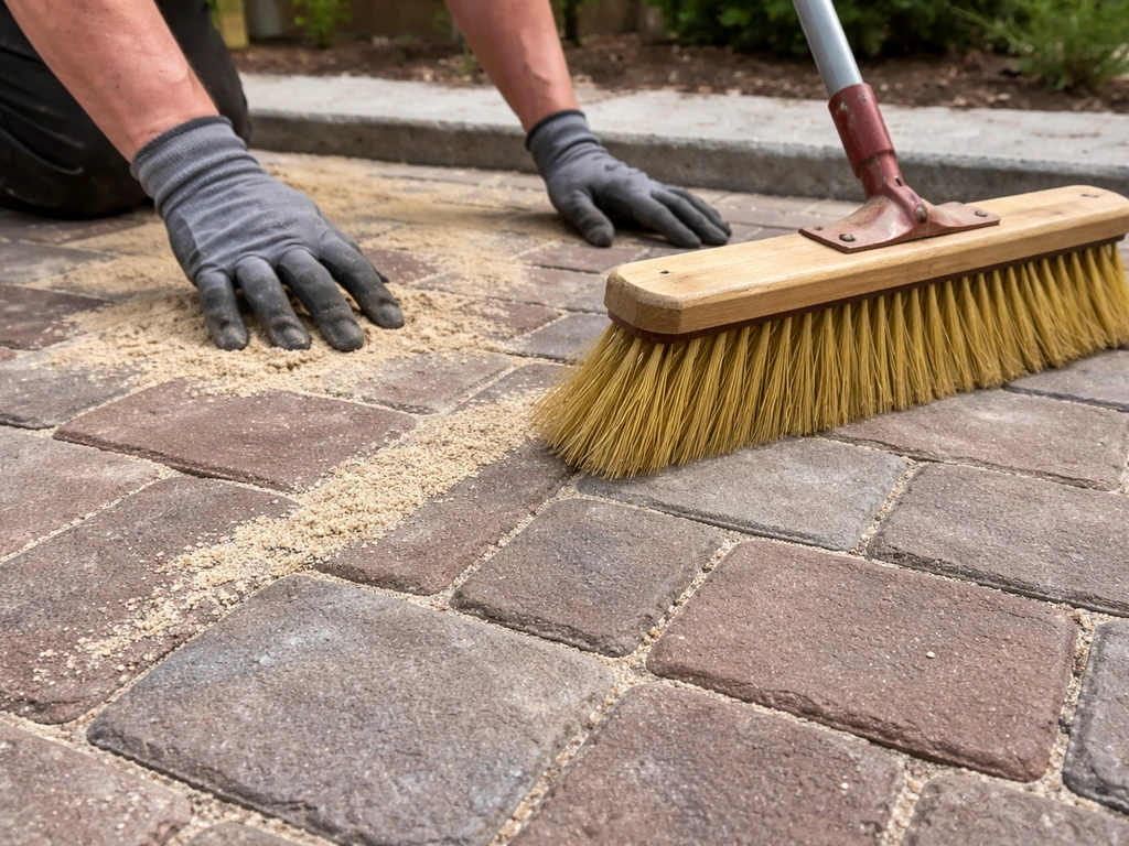 Gloved hands sweeping polymeric joint sand into the joints between set brick patio pavers.