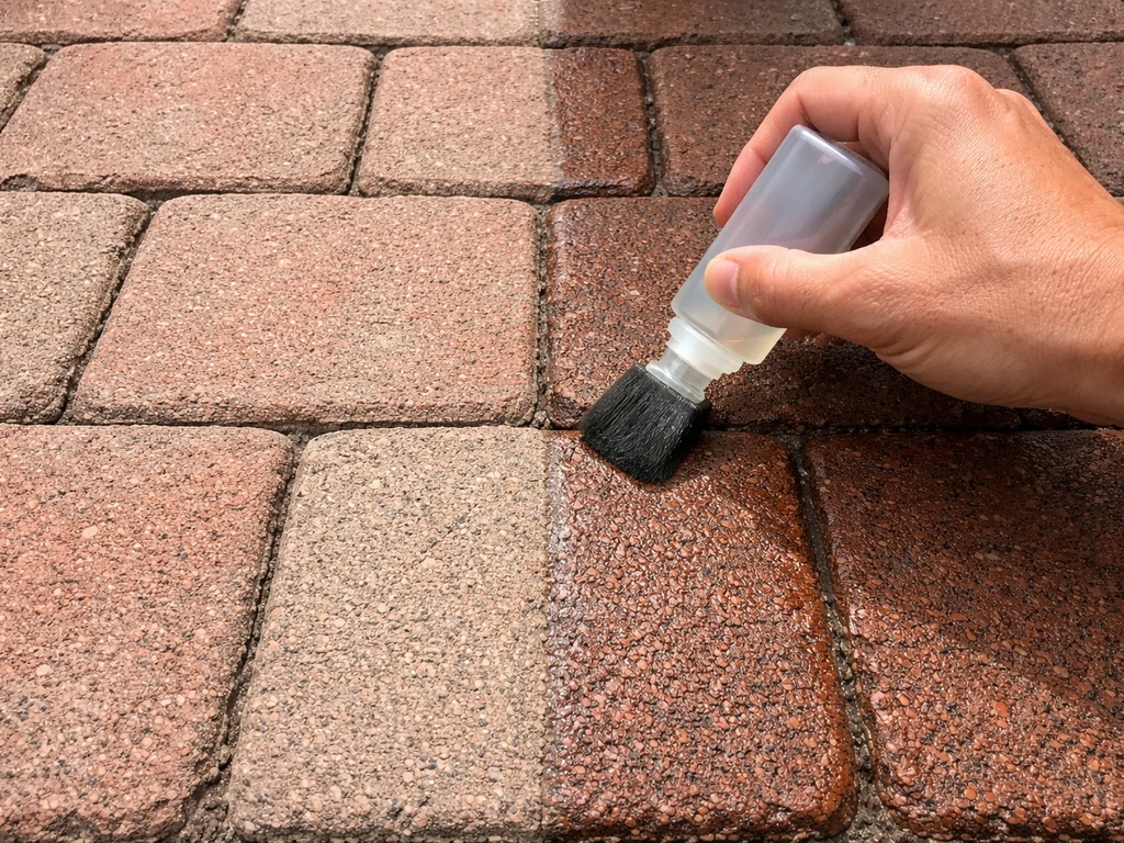 Close-up of a hand brushing sealer into clean brick joints with an adjacent sealed vs unsealed area.