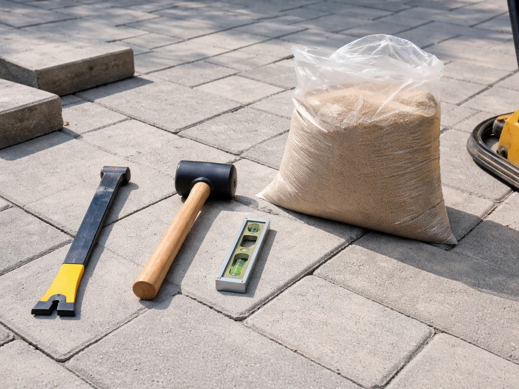 Tools for paver repair laid out on a patio: pry bar, mallet, level, joint sand, and plate compactor foot.