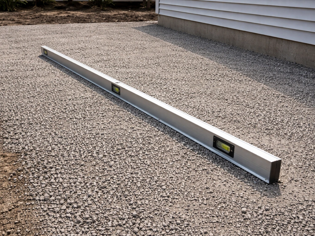 Close-up of a long level resting on compacted gravel beside a foundation to check slope.