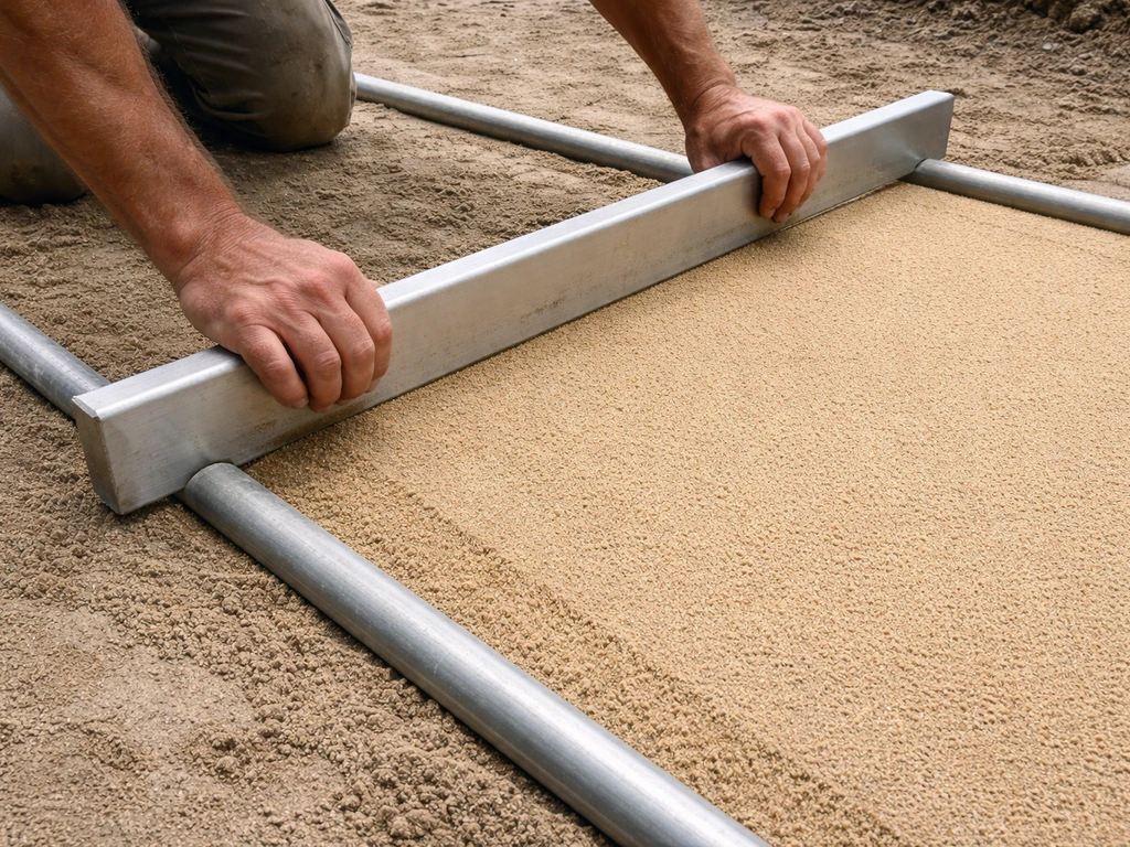 Hands using a straight board across metal conduit rails to level bedding sand evenly for pavers.
