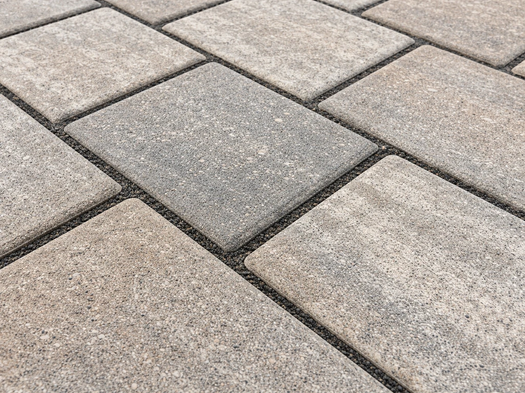 Close-up of patio pavers with polymeric joint sand swept into dark joints and flush, compacted surface.