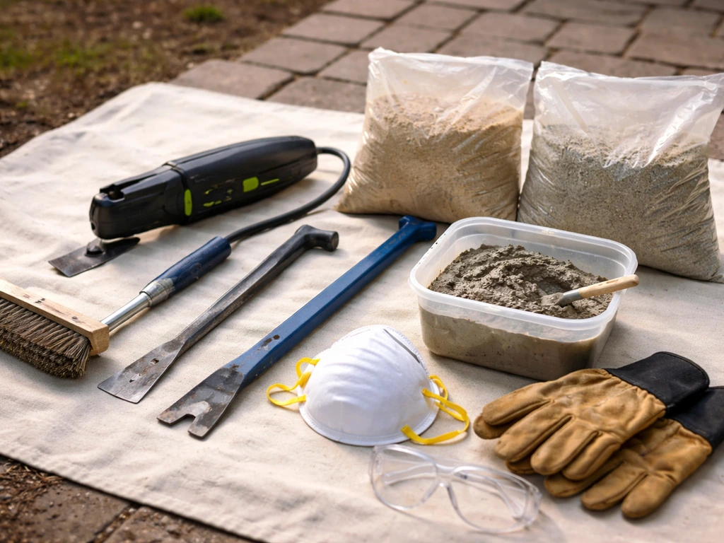 Close-up of brick patio repair tools and safety gear laid on a tarp, ready to use.