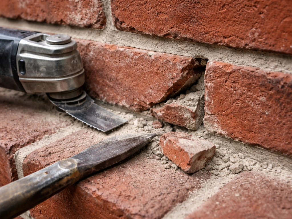 Close-up of cracked brick repair with grout saw cutting a scored joint and chisel removing a broken fragment