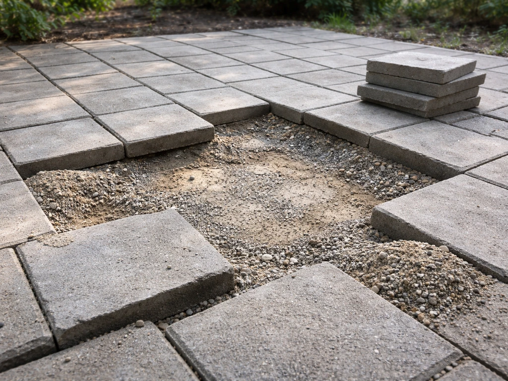 Excavated patio bricks lifted to reveal a washed-out base area ready for rebuilding