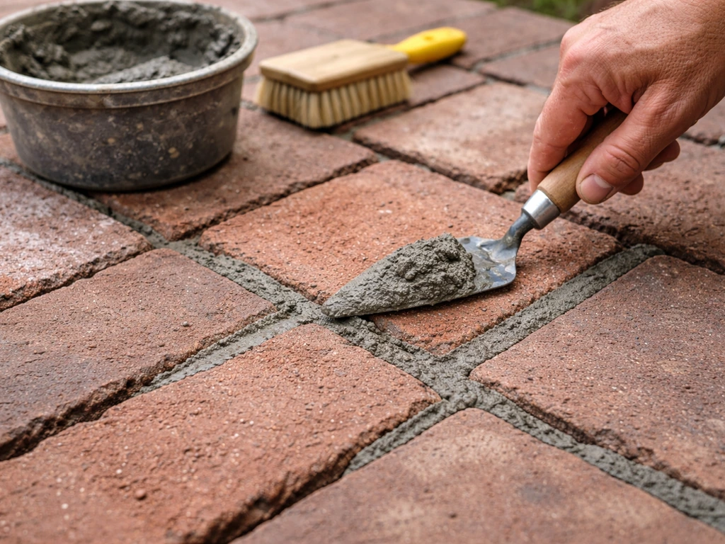 Close-up of fresh mortar being applied and smoothed into brick patio joints with a trowel.