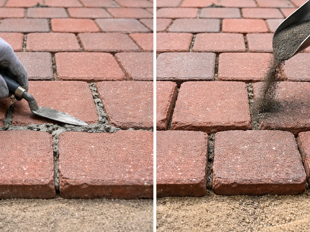 Split view of mortar-filled brick joints vs paver joints being filled with polymeric sand.