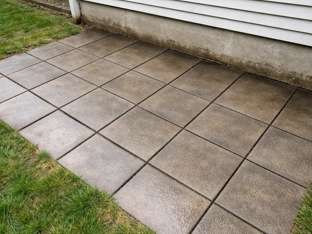 Backyard patio pavers show reverse slope with wet line and slight puddling near the house foundation.