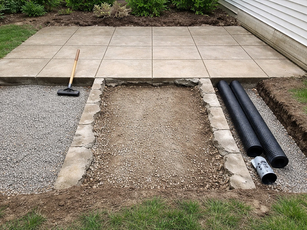 Minimal yard scene comparing regrade base, excavated rebuild section, and staged edge-drain trench.