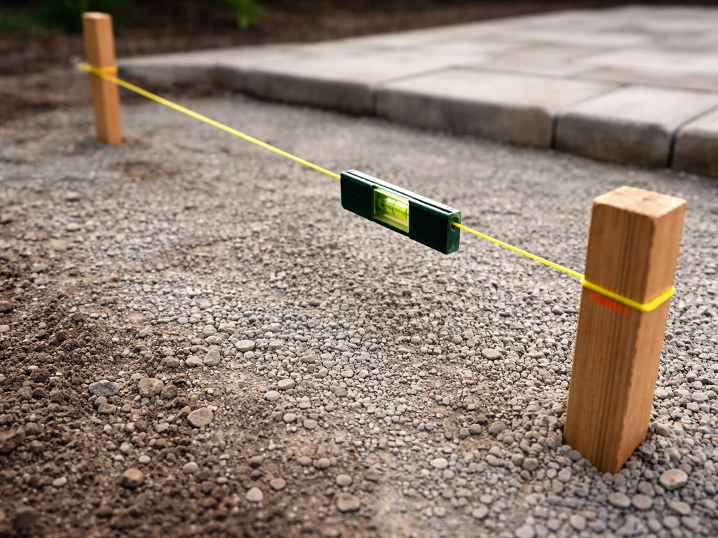 A string line and stakes with a bubble level set for patio slope over a gravel base