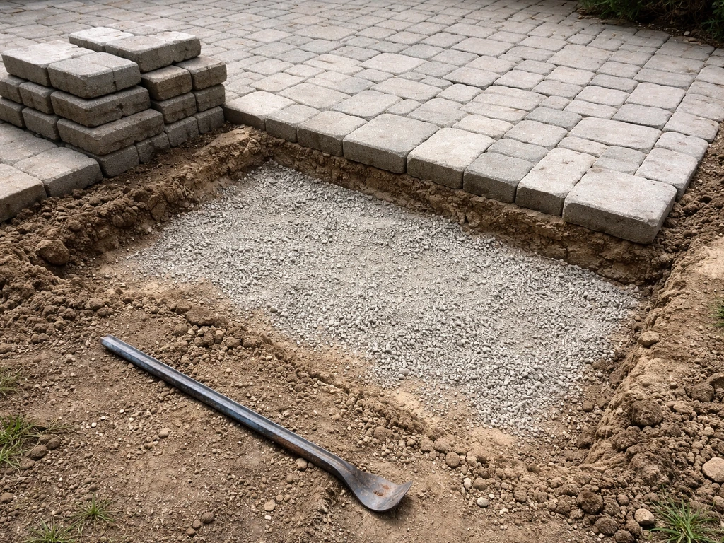 Pavers lifted on a patio, exposing excavated base grade and fresh graded base material in a work area.