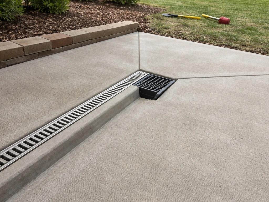 Concrete patio corner showing a linear channel drain and catch basin at the low point.