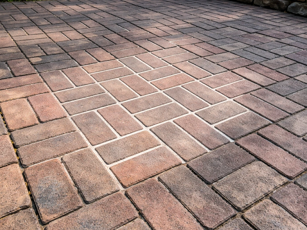 Freshly repaired brick patio section with level bricks and intact mortar joints in natural daylight.