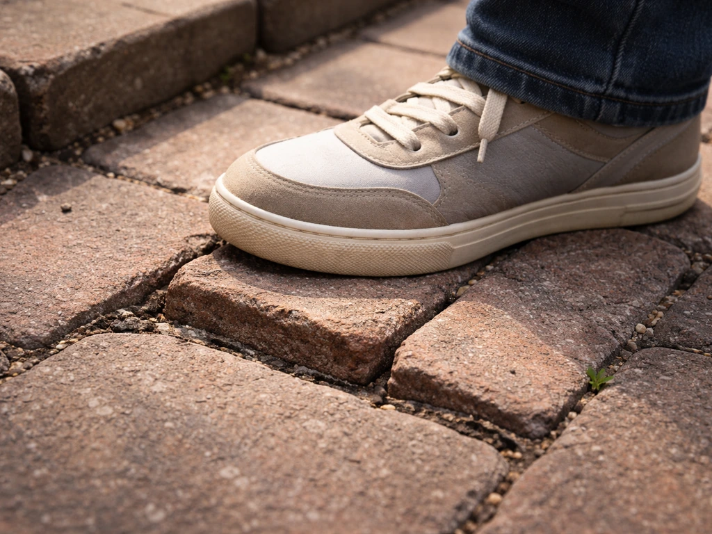 Close-up of a foot pressing a slightly loose patio brick, showing cracked, failing mortar joints.