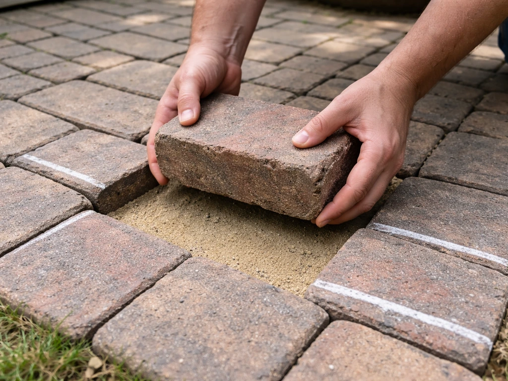 Hand lifting loose patio brick over a sand bed, with chalk marks on uneven stones before re-laying.