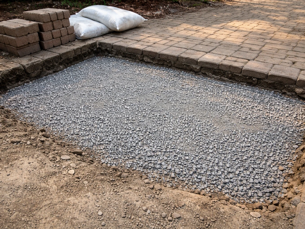 Excavated patio section with compacted aggregate base rebuilt and leveled, ready for new sand and bricks.