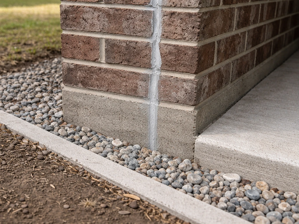 Repaired mortar crack on an exterior wall with soil graded toward a gravel drainage channel to prevent repeat settling.