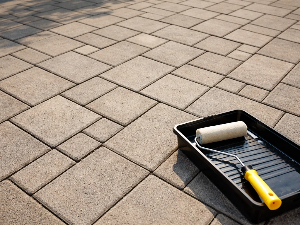 Close angled view of clean patio pavers with visible joints and tools set up to reseal.
