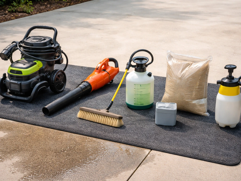 Tools laid out on a driveway mat: pressure washer, leaf blower, scrub brush, cleaner, joint sand, sealer