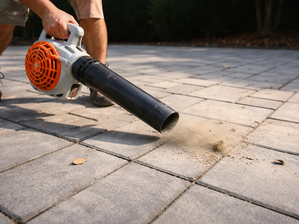Leaf blower blowing loose dust and debris out of concrete paver joints on a patio.
